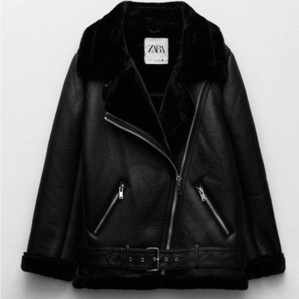Zara - Black Faux Leather Fur Jacket - Size M